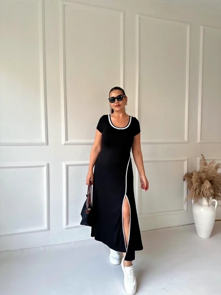 Kadın Yuvarlak Ribana Yaka Beyaz Yırtmaç Detaylı Viskon Tam Boy Elbise - Resim 9