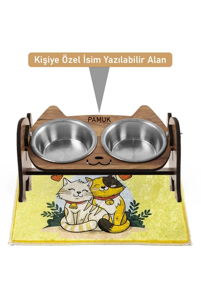 Ahşap Özel Isim Baskılı, Kedi Mama Seramik Su Kabı Standı Hediye Kedi Halısı - 8