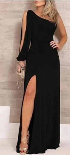 Tek Omuz Açık Derin Yırtmaçlı Krep Tam Boy Elbise - Resim 2