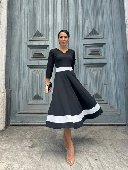 Kadın Truvakarkol Yakası Açık Blok Renkli Krep Midi Elbise - Resim 6