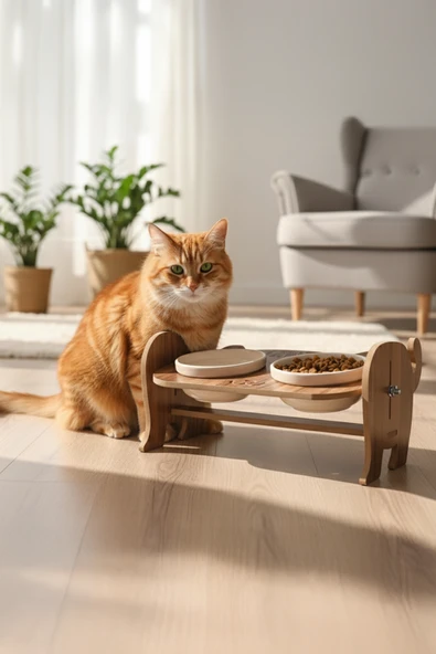 Ahşap Özel Isim Baskılı, Kedi Mama Seramik Su Kabı Standı Hediye Kedi Halısı ürün görseli 1