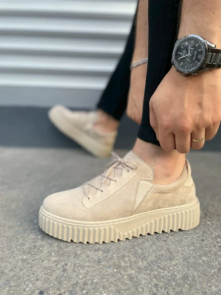 JY502 Bold Bağcıklı Süet Erkek Günlük Sneaker Ayakkabı SKT - Krem - Resim 3