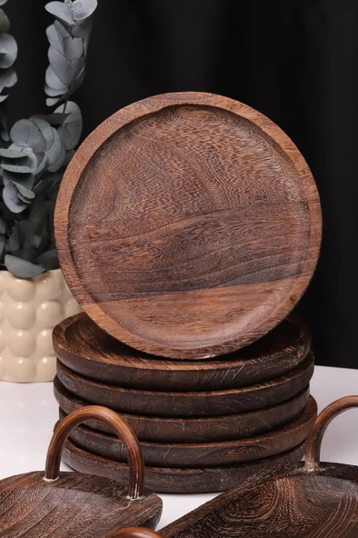 Bambum 8 Parça Pavlonya Obsidian Ahşap Sunum Seti – Yuvarlak ve Dikdörtgen Ayaklı Servis Tabaklar - Resim 3