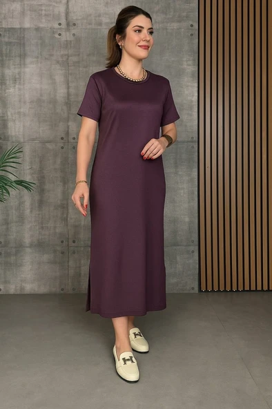 Kadın Kısa Kollu Bisiklet Yaka Yırtmaçlı Viskon Iki Iplik Elbise - Resim 3