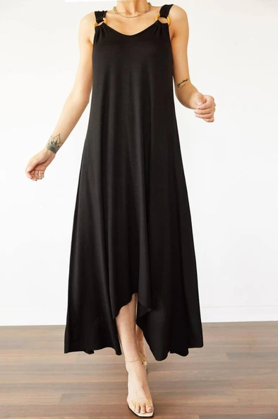 Kadın çan Dokuma Kumaş V Yaka Asimetrik Kesim Elbise ürün görseli