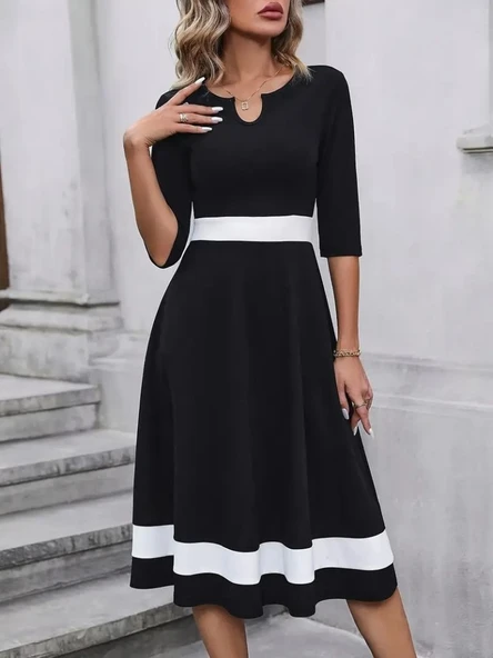 Kadın Truvakarkol Yakası Açık Blok Renkli Krep Midi Elbise ürün görseli