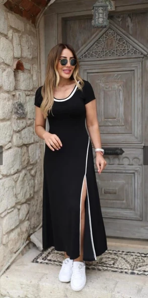 Kadın Yuvarlak Ribana Yaka Beyaz Yırtmaç Detaylı Viskon Tam Boy Elbise - Resim 2