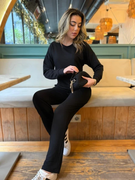 Kadın Uzun Kollu Bisiklet Yaka Viskon Iki Iplik Bluz Ve Pantolon Ikili Takım - Resim 2