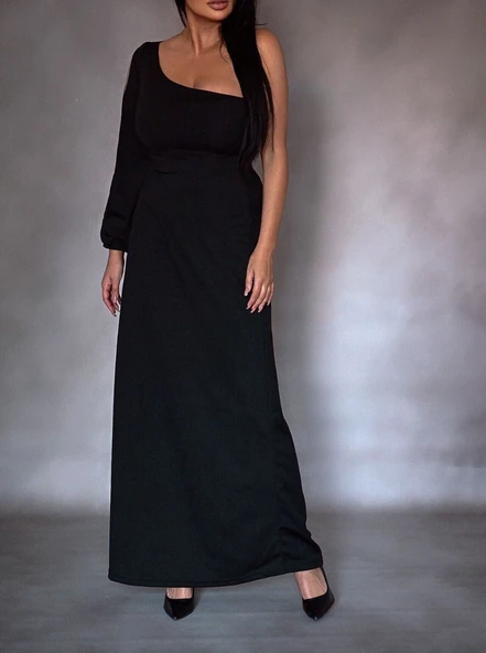 Tek Omuz Açık Derin Yırtmaçlı Krep Tam Boy Elbise - Resim 6