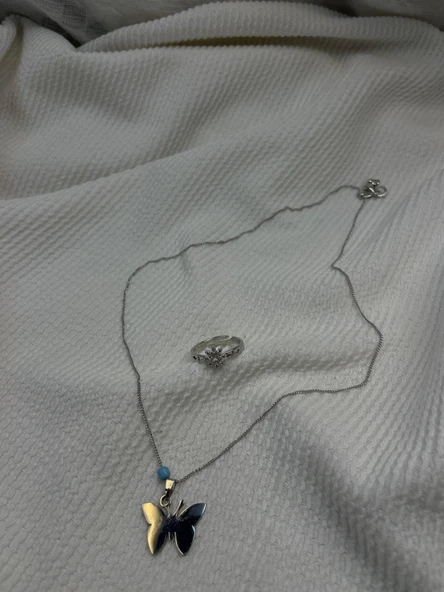 ZARİF ÇELİK KELEBEK KOLYE VE YÜZÜK HEDİYESİ