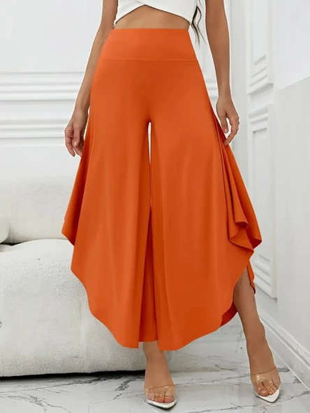 Kadın Yüksek Belli Geniş Paçalı Yanlardan Açık Sandy Pantolon - Resim 2