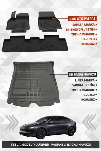 Sahler Tesla Model Y Juniper 2025+ Uyumlu 4.5D Premium Havuzlu Oto Paspas ve Liner Marka 3D Bagaj Havuzu ürün görseli