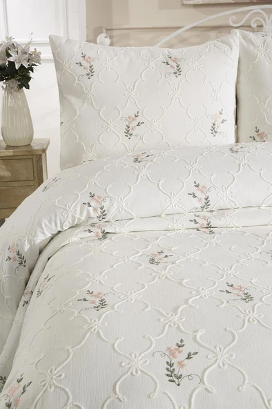 Pinkrose Nakışlı Şönil 3 Parça Çift Kişilik Yatak Örtüsü Krem - Resim 4