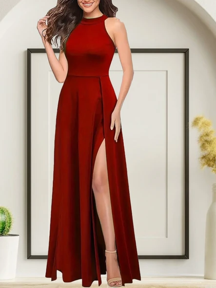 Kadınhalter Yaka Derin Yırtmaç Detaylı Tam Boy Ithal Krep Abiye Elbise - Resim 3