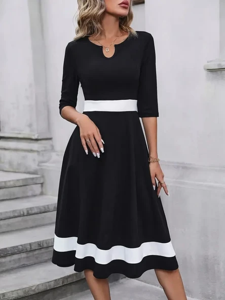 Kadın Truvakarkol Yakası Açık Blok Renkli Krep Midi Elbise - Resim 5