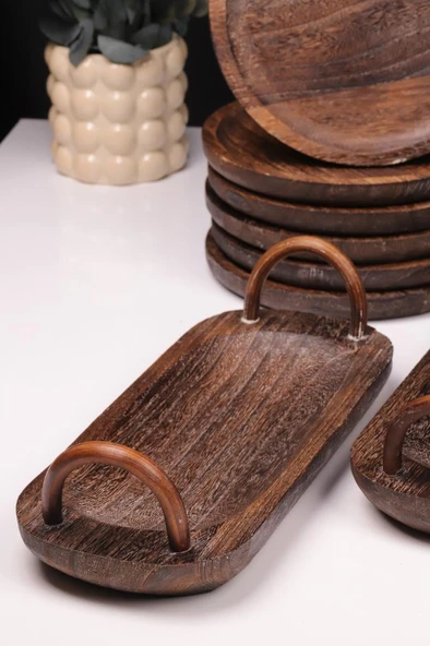 Bambum 8 Parça Pavlonya Obsidian Ahşap Sunum Seti – Yuvarlak ve Dikdörtgen Ayaklı Servis Tabaklar - Resim 2