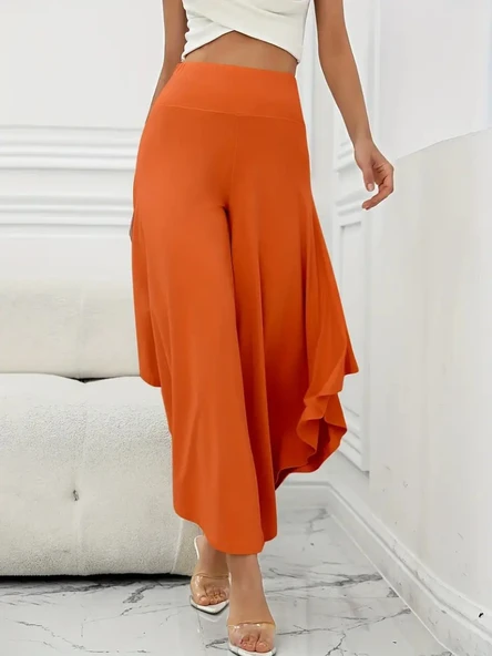 Kadın Yüksek Belli Geniş Paçalı Yanlardan Açık Sandy Pantolon - Resim 5