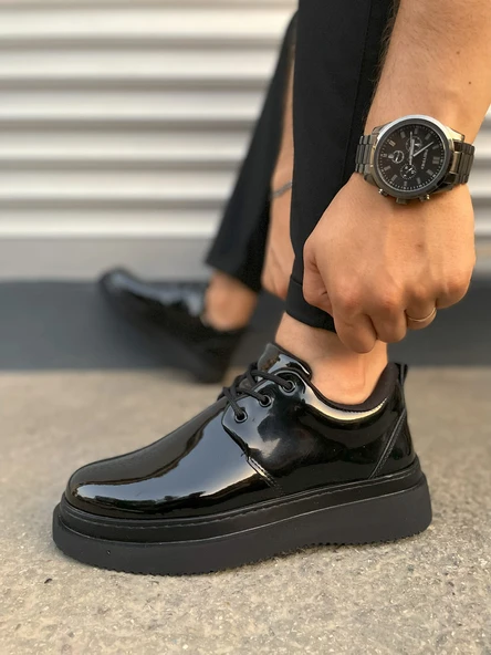 JY03 Luxor Bağcıklı Rugan Erkek Günlük Spor Klasik Ayakkabı RST - Siyah - Resim 3