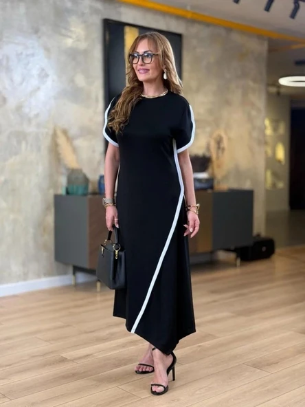 Kadın Kısa Kollu Bisiklet Yaka çift şerit Renk Detaylı Asimetrik Kesim Viskon Iki Iplik Elbise - Resim 2