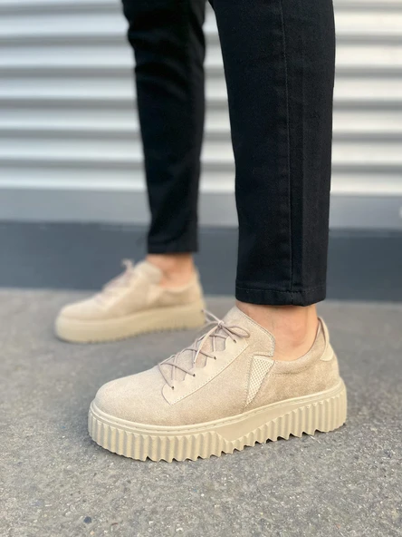 JY502 Bold Bağcıklı Süet Erkek Günlük Sneaker Ayakkabı SKT - Krem - Resim 2