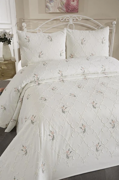 Pinkrose Nakışlı Şönil 3 Parça Çift Kişilik Yatak Örtüsü Krem - Resim 3