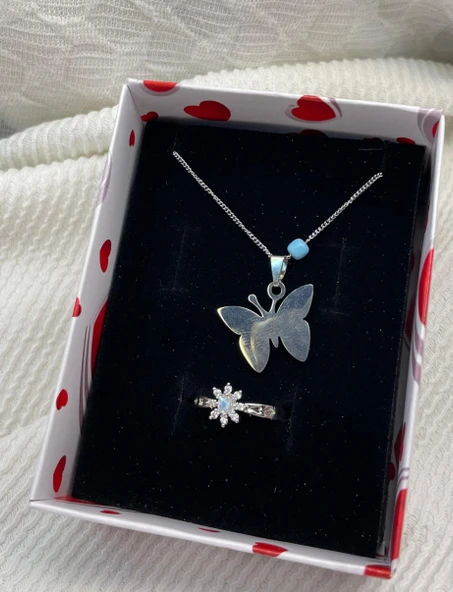 ZARİF ÇELİK KELEBEK KOLYE VE YÜZÜK HEDİYESİ - 2