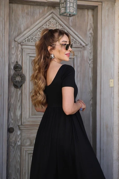 Kadın Kısa Kollu Yuvarlak Yaka önden Yırtmaçlı Cepli Viskon Uzun Elbise - Resim 2