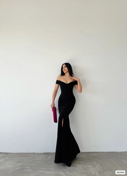 Kadın Dalgıç Kumaş Kayık Yaka Ve Dekolte Detaylı Elbise - Resim 5