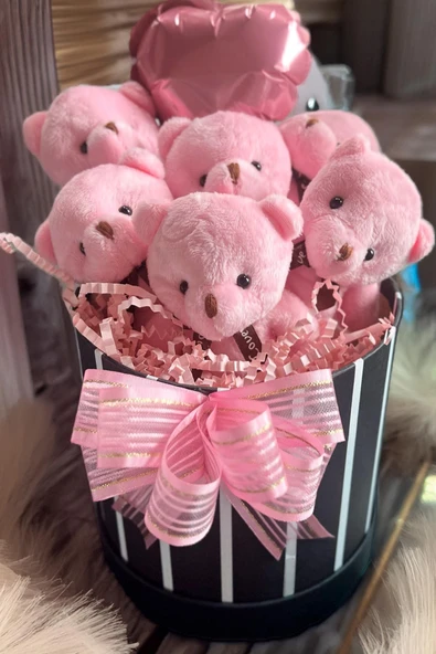 Premium Silindir Hediye Kutusunda, Kalpli Balonlu 6’lı Pembe Ayıcık Buketi - Resim 6