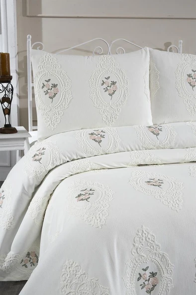 Gardenlove Nakışlı Şönil 3 Parça Çift Kişilik Yatak Örtüsü Krem - Resim 2