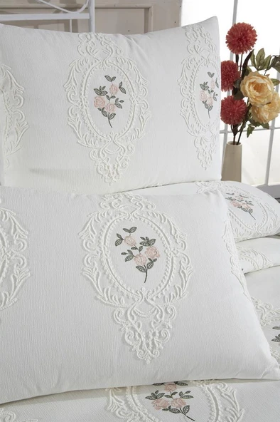 Gardenlove Nakışlı Şönil 3 Parça Çift Kişilik Yatak Örtüsü Krem - Resim 4