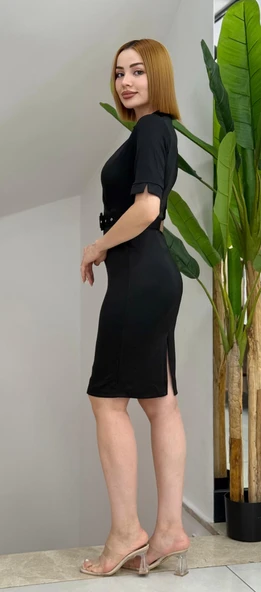 Kadın Kısa Kollu Yakalı Kruvaze Yakalı Beli Kemerli Midi Modal Elbise - Resim 2