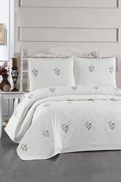 Gardenlove Nakışlı Şönil 3 Parça Çift Kişilik Yatak Örtüsü Krem ürün görseli