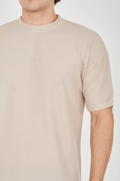 Unisex Waffle Kumaş Rahat Kol T-Shirt - Bej - Resim 3