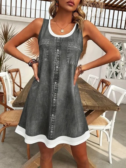 Kadın Askılı Yuvarlak Yakalı Kot Görünümlü Kısa Süprem Elbise - Resim 5