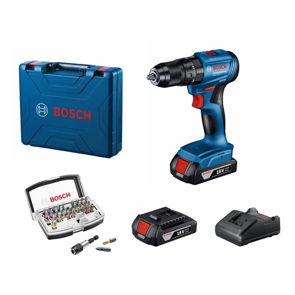Bosch Gsb 185-LI 2 x 2.0AH Çift Akülü Darbeli Matkap + 32 Parça Bits Uç Seti