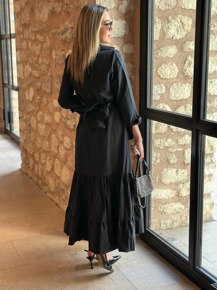 Kadın Uzun Kollu Eteği Fırfırlı Beli Kuşaklı Trikoton Tam Boy Gömlek Elbise - Resim 7