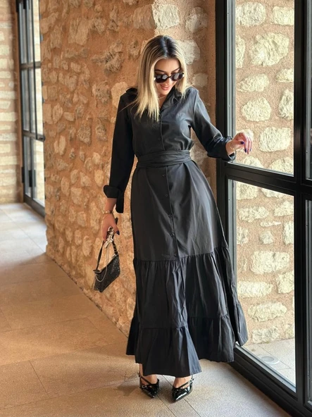 Kadın Uzun Kollu Eteği Fırfırlı Beli Kuşaklı Trikoton Tam Boy Gömlek Elbise - Resim 8