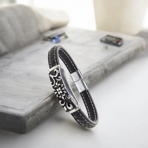 Çelik Ve Deri Bileklik 31831B2D21 - Resim 2