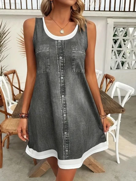 Kadın Askılı Yuvarlak Yakalı Kot Görünümlü Kısa Süprem Elbise - Resim 2