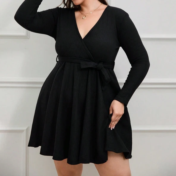 Kadın Uzun Kollu Kruvaze Yaka Kuşak Detay Salaş şardonlu Kaşkorse Mini Elbise - Resim 3