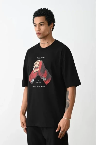 Unisex Baskılı Oversize T-Shirt - Siyah ürün görseli