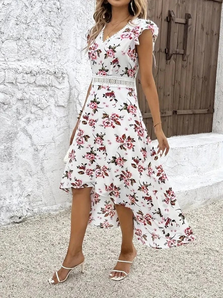 Kadın Kısa Kollu V Yakalı çiçek Desenli önü Kısa Arkası Uzun Süprem Elbise - Resim 6