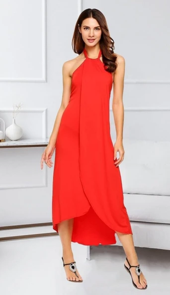 Boyun Askılı Eteği Kruvaze Kesim Viskon Kumaş Elbise - Resim 4