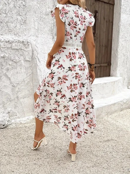 Kadın Kısa Kollu V Yakalı çiçek Desenli önü Kısa Arkası Uzun Süprem Elbise - Resim 4