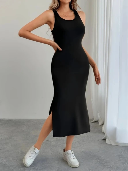 Kadın Askılı Yuvarlak Yakalı Yandan Yırtmaçlı Arkası Dantel Detaylı Viskon Elbise - Resim 2