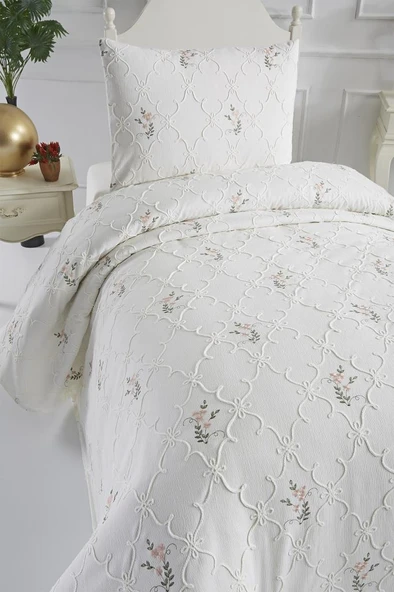 Pinkrose Nakışlı Şönil 2 Parça Tek Kişilik Yatak Örtüsü Krem - Resim 3