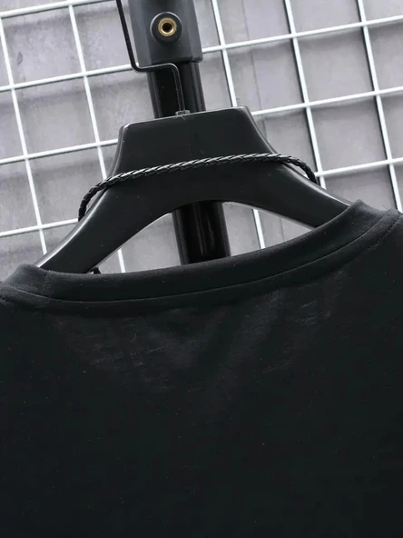 Baskılı Oversize Bisiklet Yaka T-shirt - Siyah - Resim 4