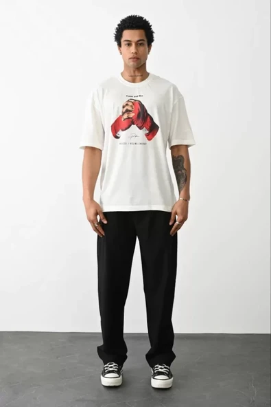 Unisex Baskılı Oversize T-Shirt - Beyaz - Resim 3