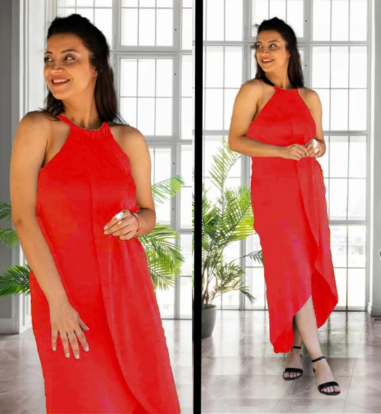 Boyun Askılı Eteği Kruvaze Kesim Viskon Kumaş Elbise - Resim 2